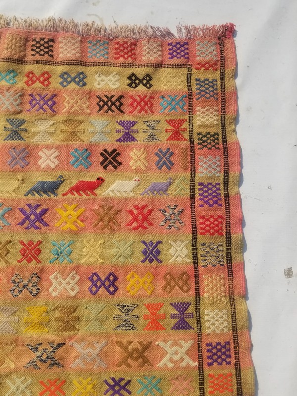Distressed Vintage Traditional Handmade Moroccan Wool Beige Kilim 4.7x3.4ft gallery