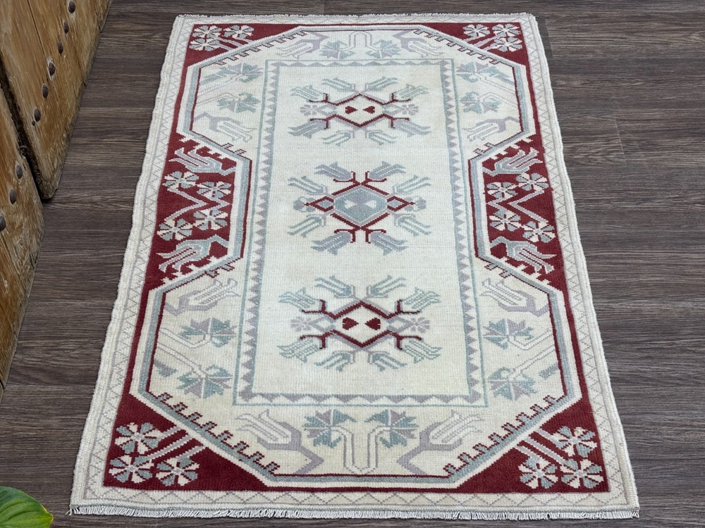 3x5 Vintage Neutral Turkish Rug, Hand-Knotted Antique Wool Rug, White Red Rug