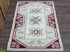 3×5 Vintage Neutral Turkish Rug, Hand-Knotted Antique Wool Rug, White Red Rug