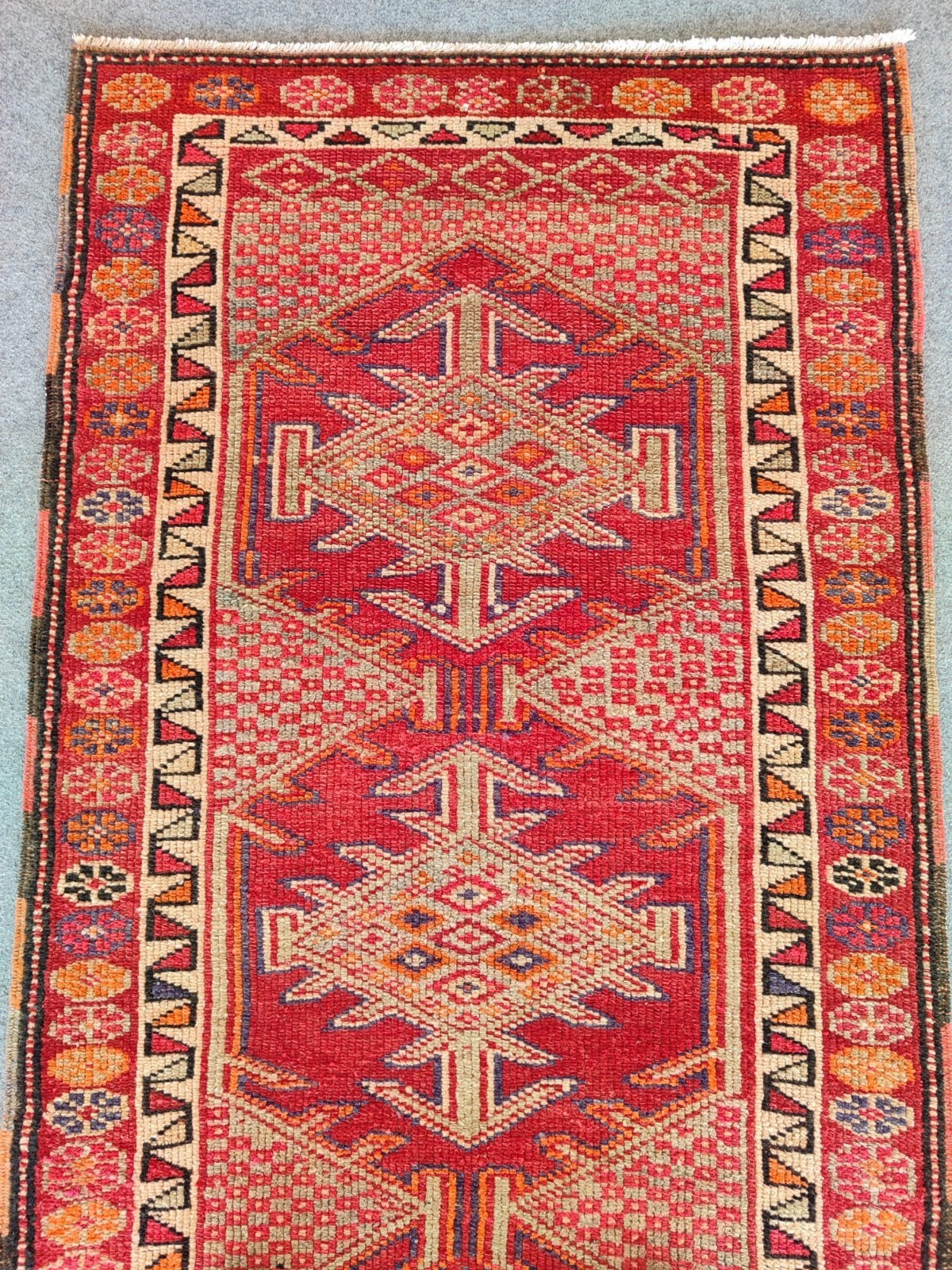 Red Antique rug 3x13, Vibrant Turkish runner 3x13 vintage rug, Herki Tribal rug gallery