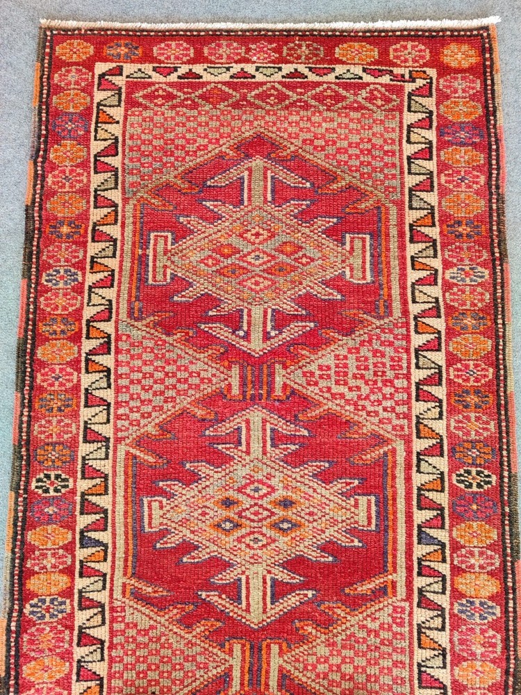 Red Antique rug 3x13, Vibrant Turkish runner 3x13 vintage rug, Herki Tribal rug