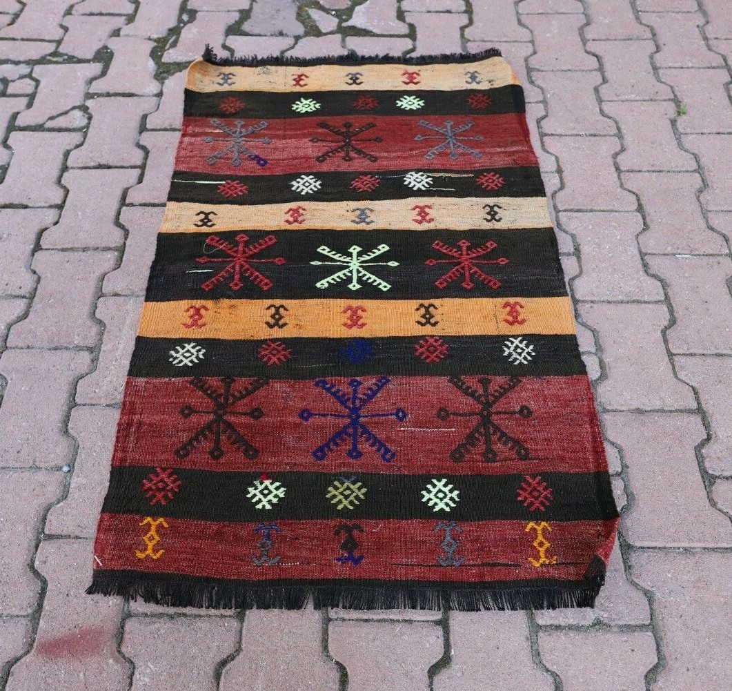 Turkish Handmade Red Kilim Rug Cappadocia Embroidered Tribal Ethnic Carpet 2x4ft gallery