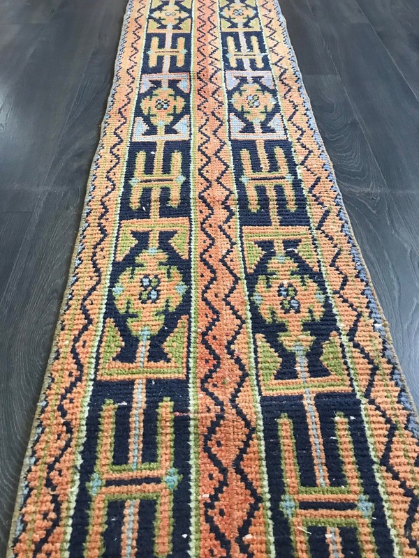 Orange Runner Rug , Patchwork Runner Rug , Runner Entry Rug , Wool Cotton Runner gallery