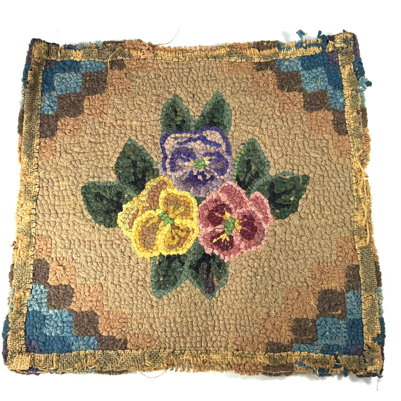 Antique Small Hand Hooked Rug Mat Pansies Floral 13.5" x 14" gallery