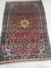 Antique Oriental Hand-Knotted Wool Area Rug Red/Navy Blue/Green 3’3″ x 4’10”