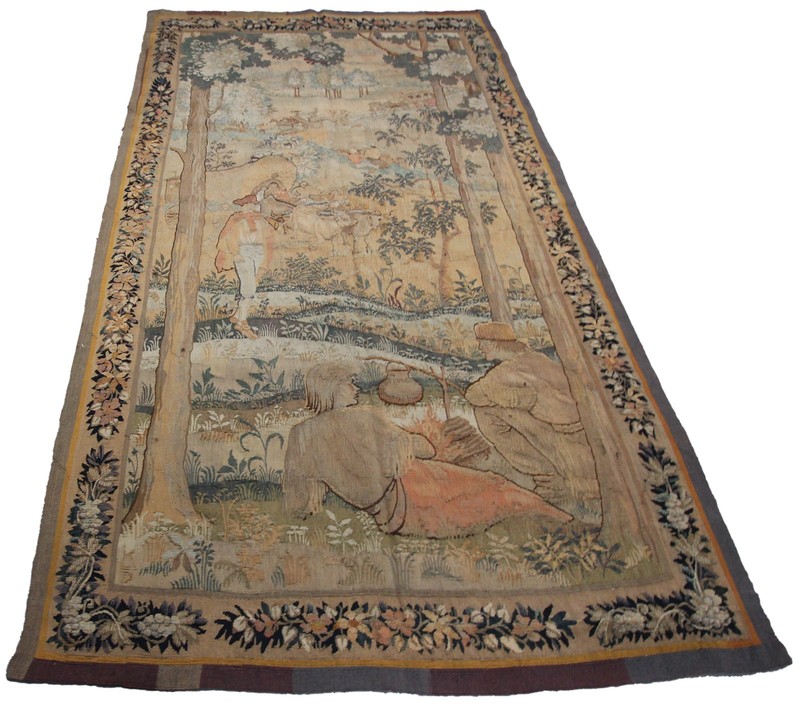 5x9 Antique French Verdure Figural Woven Tapestry 152cmx269cm Signed 1900 gallery