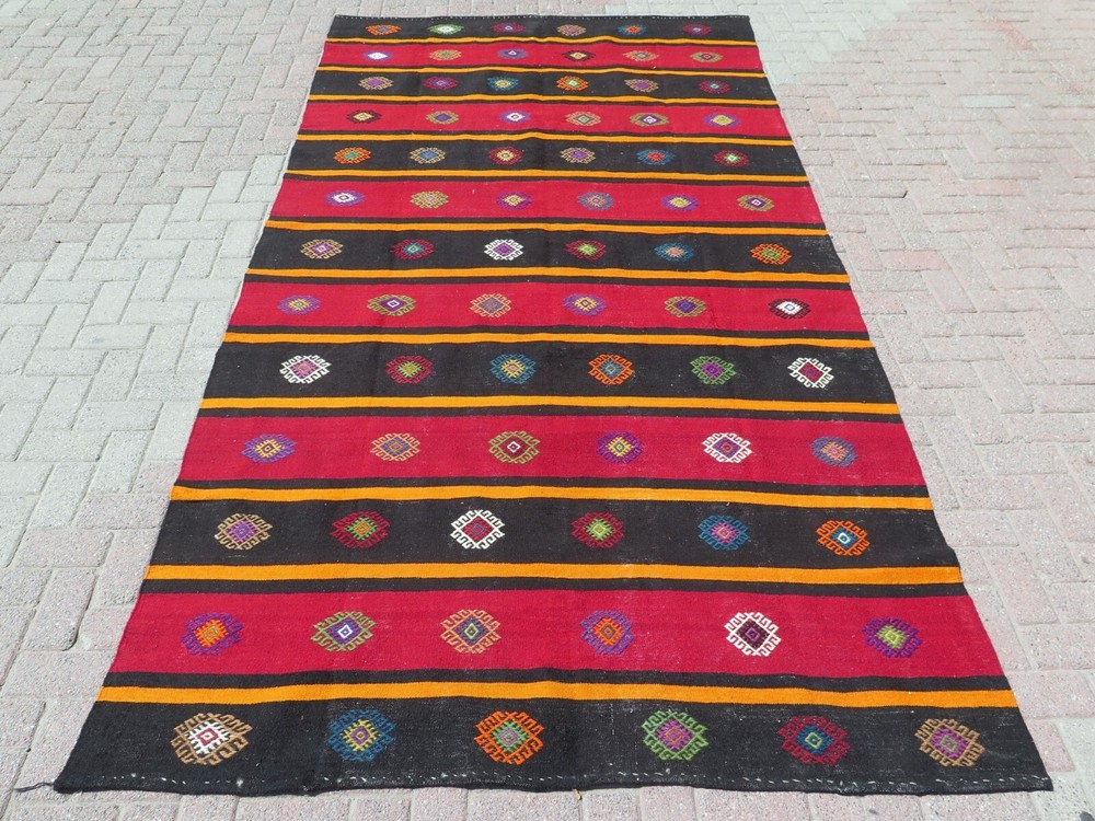 Vintage Turkish Kilim, Tribal Wool Large Rug Handmade Floor Carpet Rugs 69"x134"