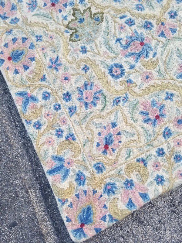 Vintage Traditional Handmade Kashmiri Chain Stitch Wool Blue Kilim 4.8x2.10ft gallery