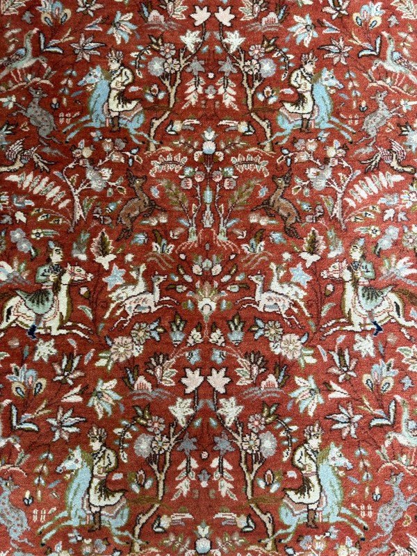 Vintage 1970s Per-sian Ta–briz Hunting Scene Rug 6.5' x 4.5' Hand Knotted Wool gallery