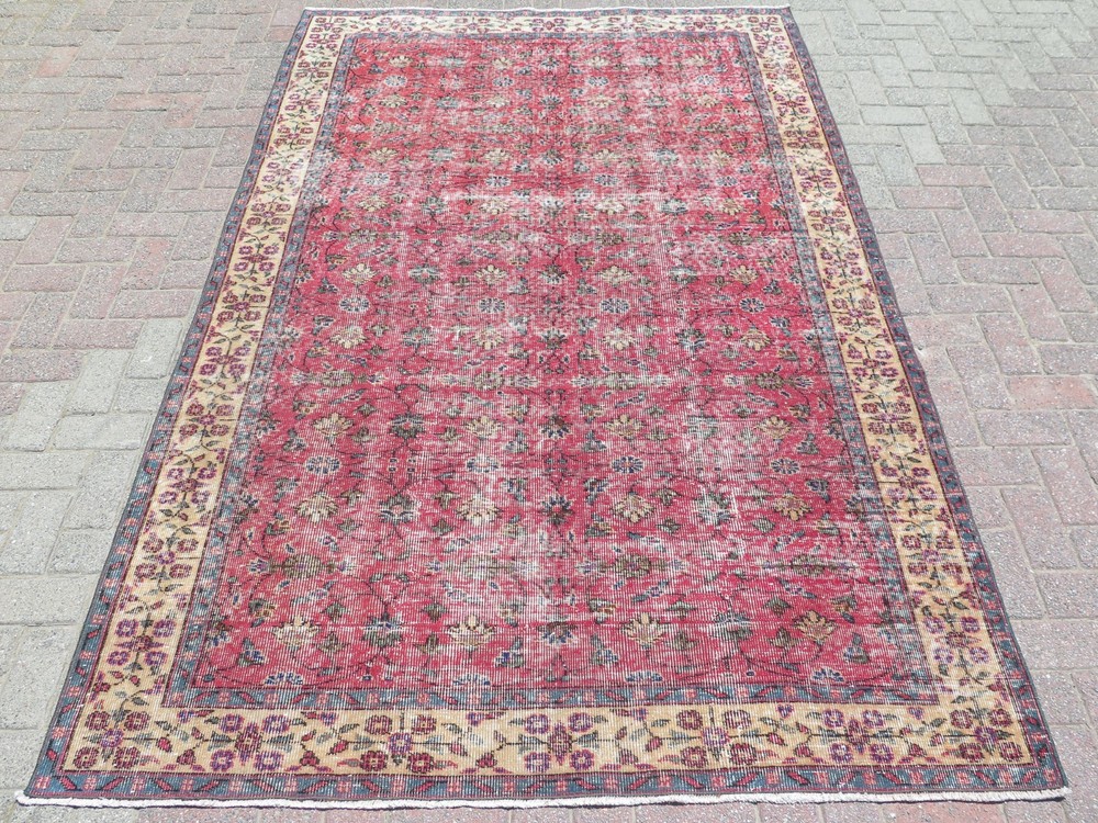 Raspberry Pink Distressed Vintage Carpet, Large Turkish Handmade Rug 68"x104"