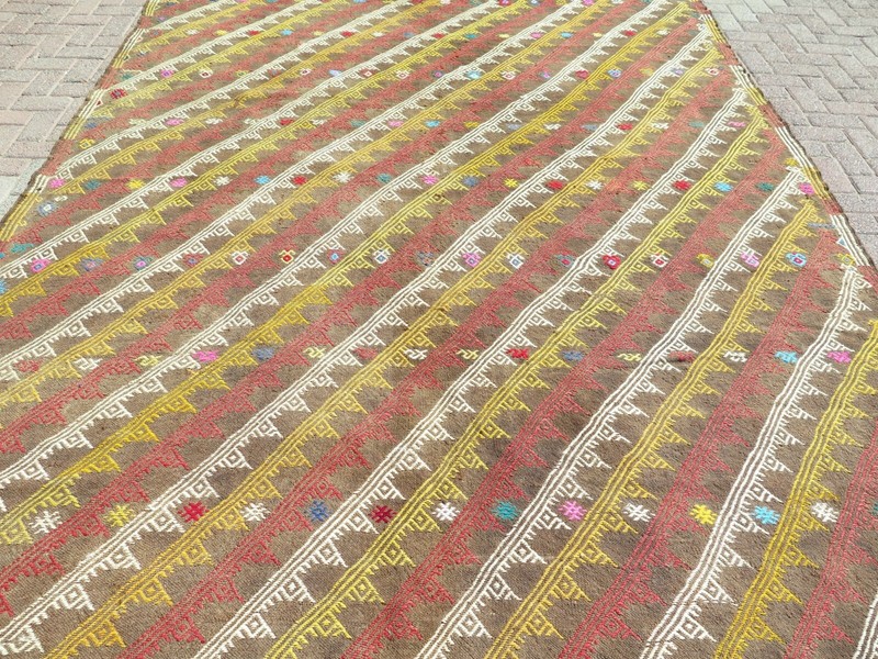 Striped Large Vintage Anatolian Area Rug, Wool Handmade Boho Kelim 98"x132" gallery