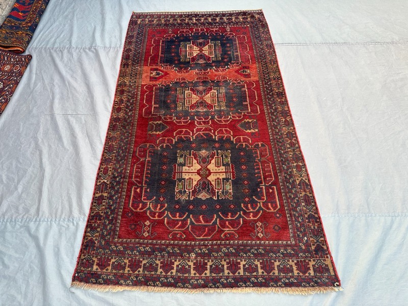 4' x 7'7" Low Pile Antique Afghan Baluchi Hand-Knotted Rug, Tribal Geometric Rug gallery