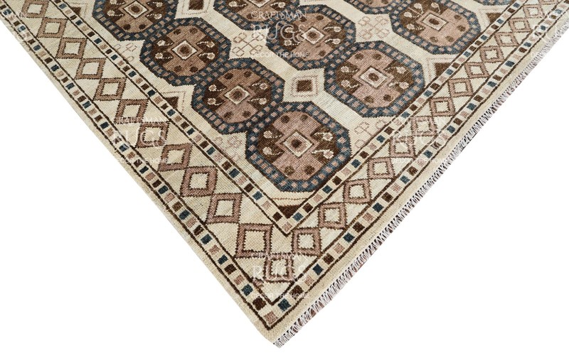 Handmade Octagonal Geometric Rug – Brown, Beige & Dark Blue Border 8x10ft gallery