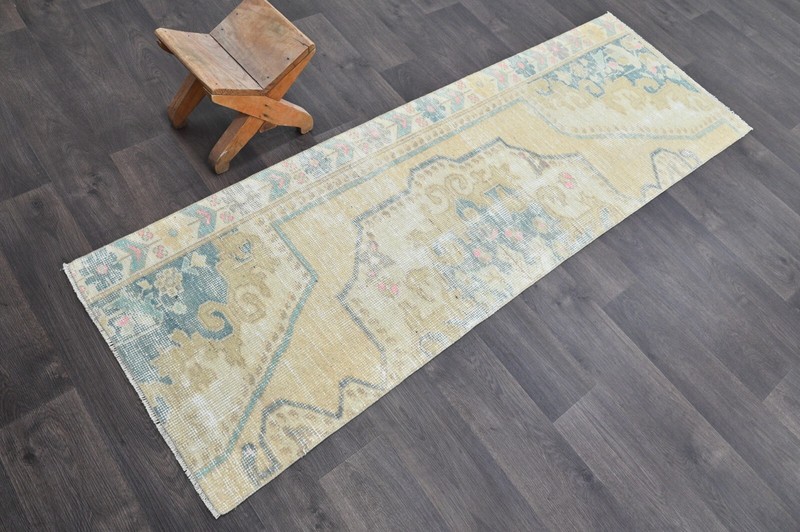 Vintage Turkish Runner Rug 2x7ft Wool Anatolian Handmade Hallway Oushak BEIGE gallery