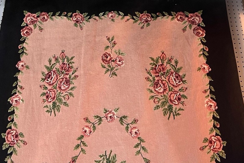 VTG Tapestry Crewel Embroidered Handmade 1941 Black/Pink Floral Rose Rug 77"x48" gallery