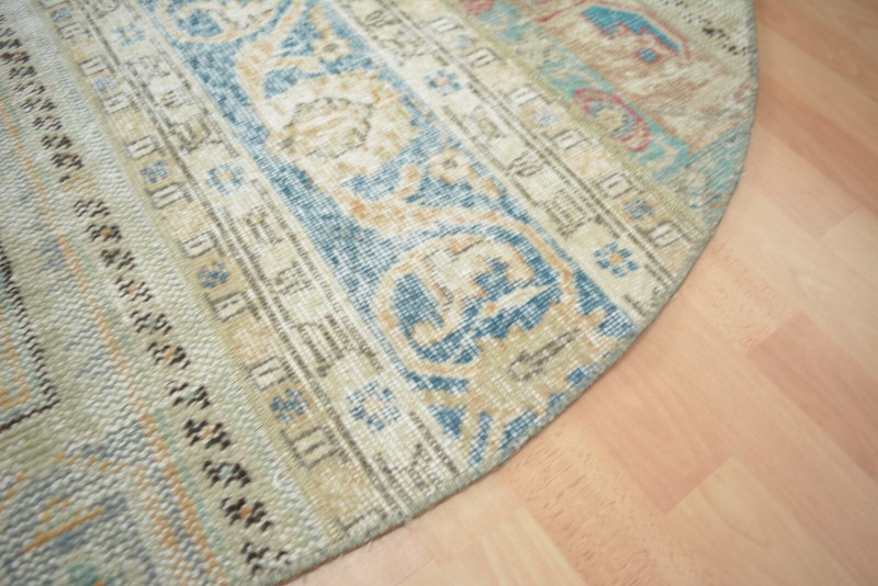 Beige Turkish Vintage Round Rug, 4.9x4.9ft, Antique Multicolor Handmade Rug, gallery