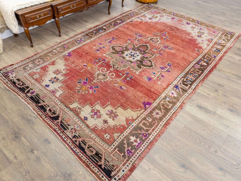 Large Vintage Turkish Kars Oushak Rug -Boho Rustic Hand-Knotted Wool 7x11.5 ft gallery