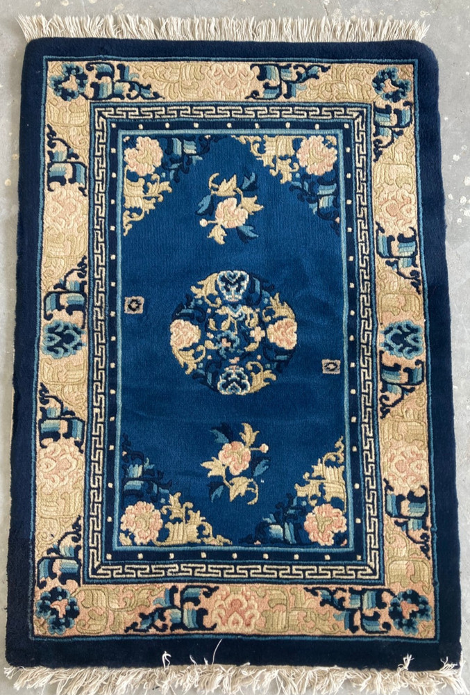 Vintage Chinese Peking Handmade Floral Multicolor Wool Rug Carpet 93x64 cm