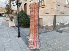 Vintage Turkish Runner Rug 2×11.4 Ft Distressed Beige Red Blue Wool