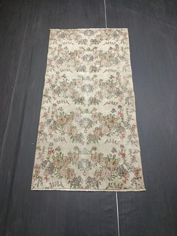 Beige Turkish Vintage Floral Carpet, 3x5.8ft, Antique Handmade Oriental Rug, gallery
