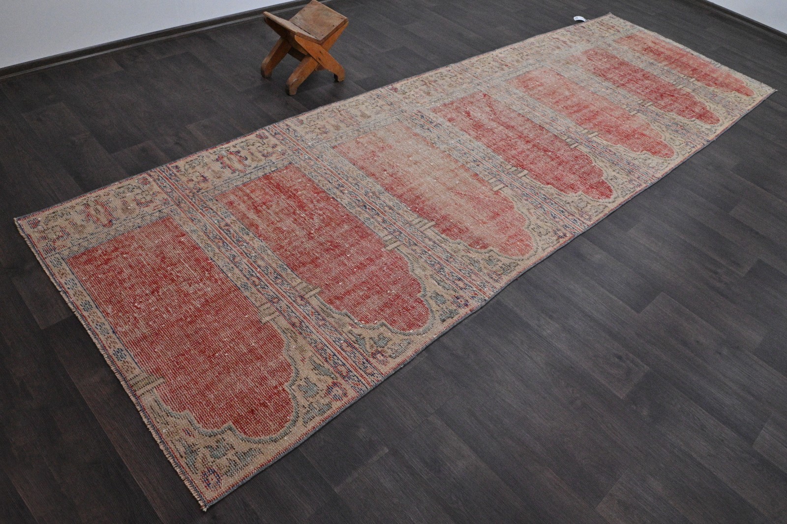 Vintage Turkish Runner Rug 4x12ft Wool Anatolian Handmade Hallway Oushak RED gallery