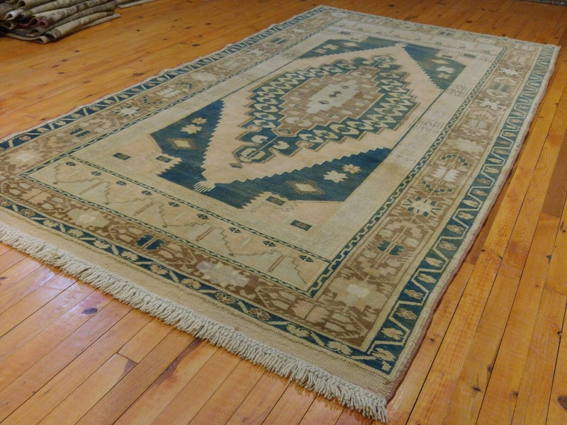 Beautiful Antique 1900-1939s Sage Green Colors Wool Pile Ushak Rug 4'6''x8'4'' gallery