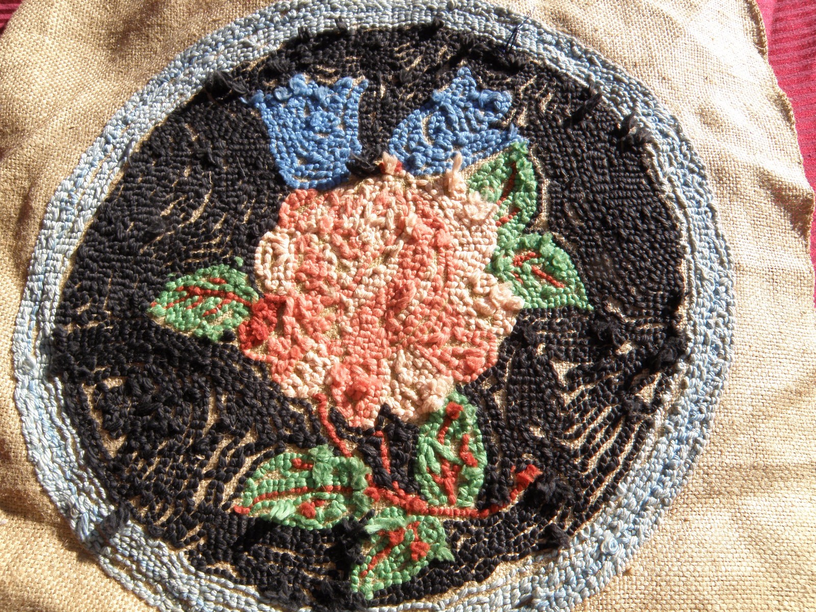 Antique Punch Needle Rug Wool Chair Seat American PINK ROSE What is It? folk art gallery