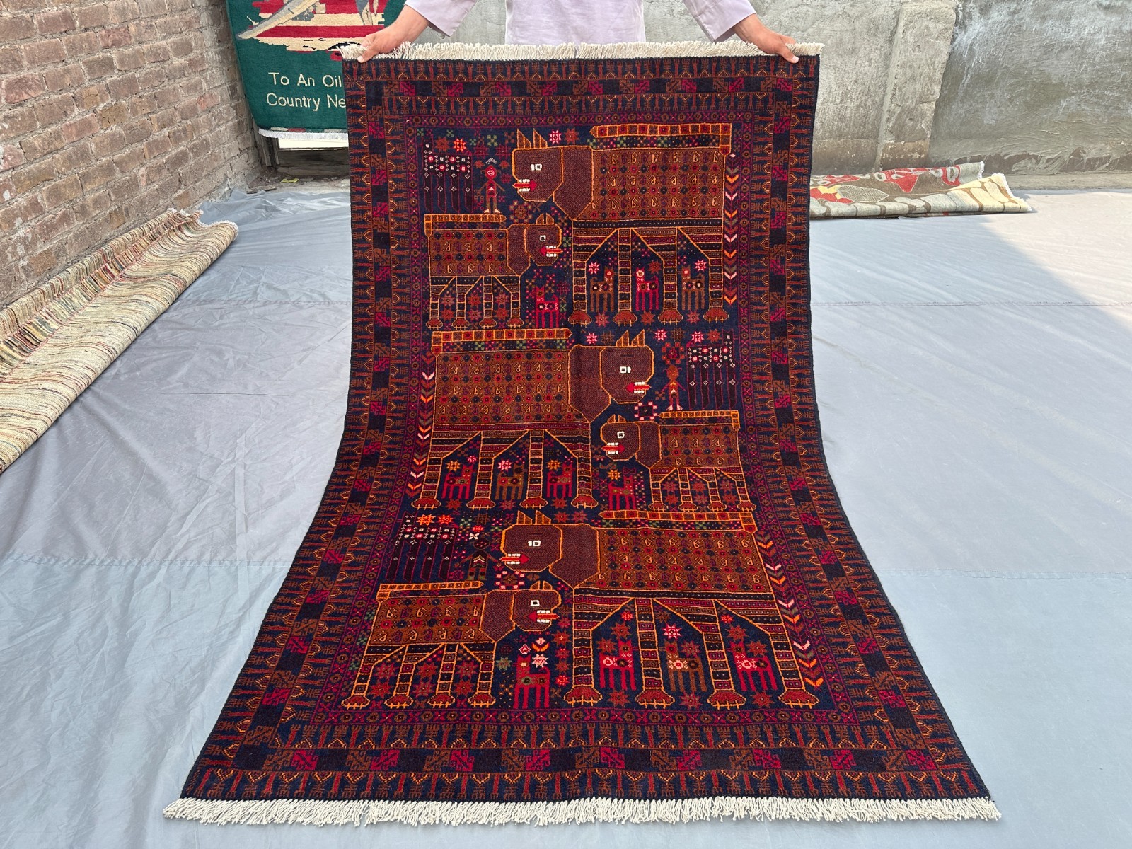 4x6'6 ft Vintage Afghan Hand Knotted Pictorial Rug Tribal Animal Hunting Art Rug gallery