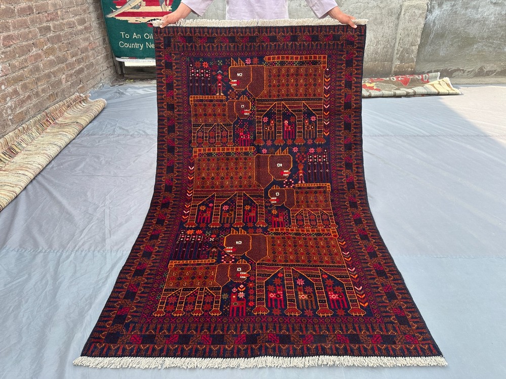 4x6'6 ft Vintage Afghan Hand Knotted Pictorial Rug Tribal Animal Hunting Art Rug
