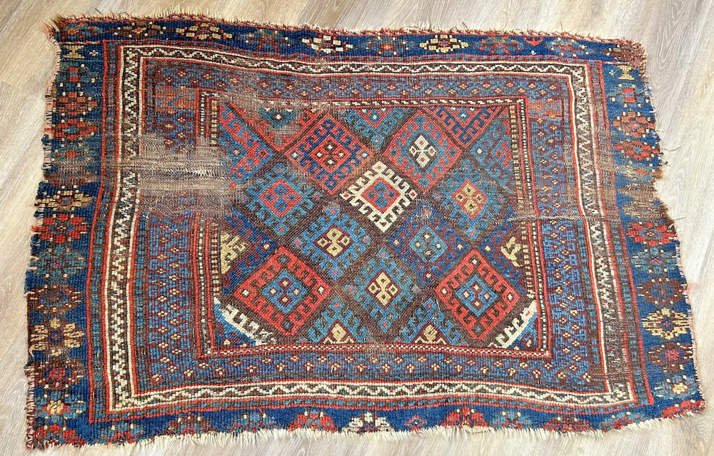 Antique Kurdish Tribal Hand Knotted Wool Rug 30x48 Geometric Medallion