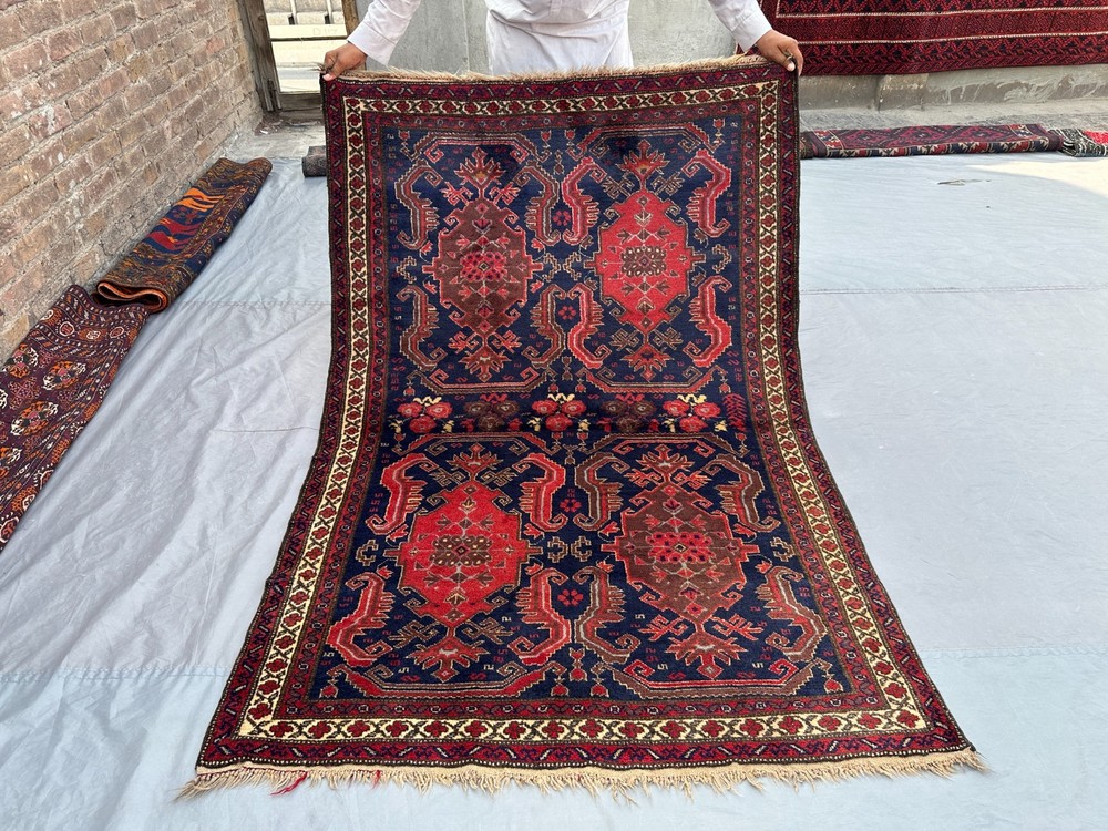 4'2x6'5 ft Vintage Afghan Baluchi Rug Hand Knotted Wool Tribal Living Room Rug