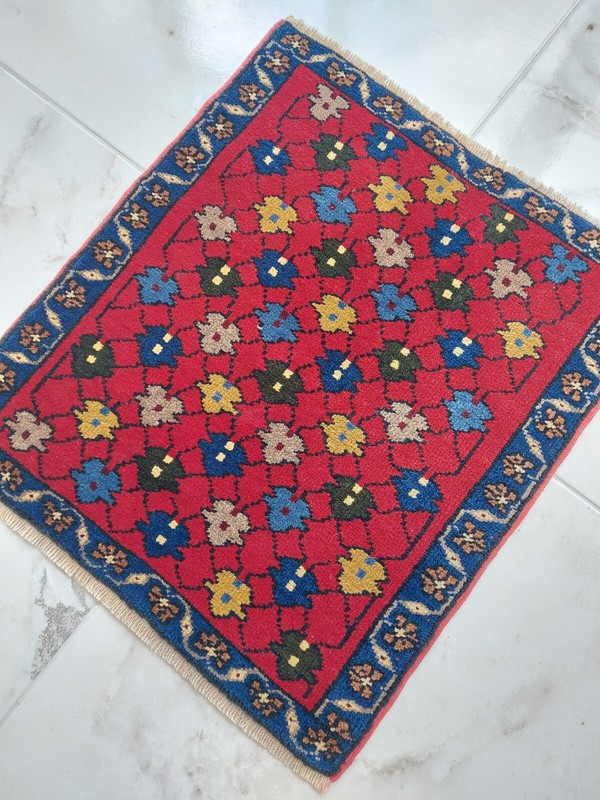 1900s Square Handmade Antique Rug Blue Floral Geometric Rug Free Shipping Rug gallery