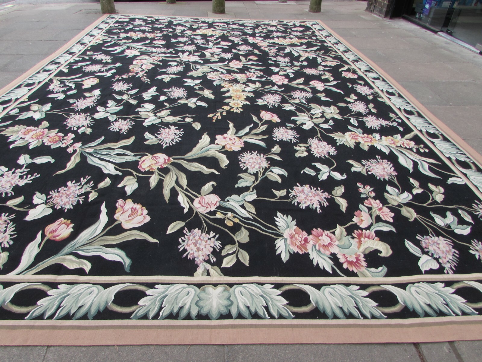 Vintage Hand Made French Design Wool Black Green Original Aubusson 565X360cm gallery