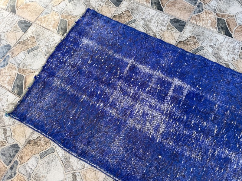 1970s Vintage Turkish Overdyed Runner Rug 2.6x9 ft Cobalt Blue Hand-Knotted Wool gallery