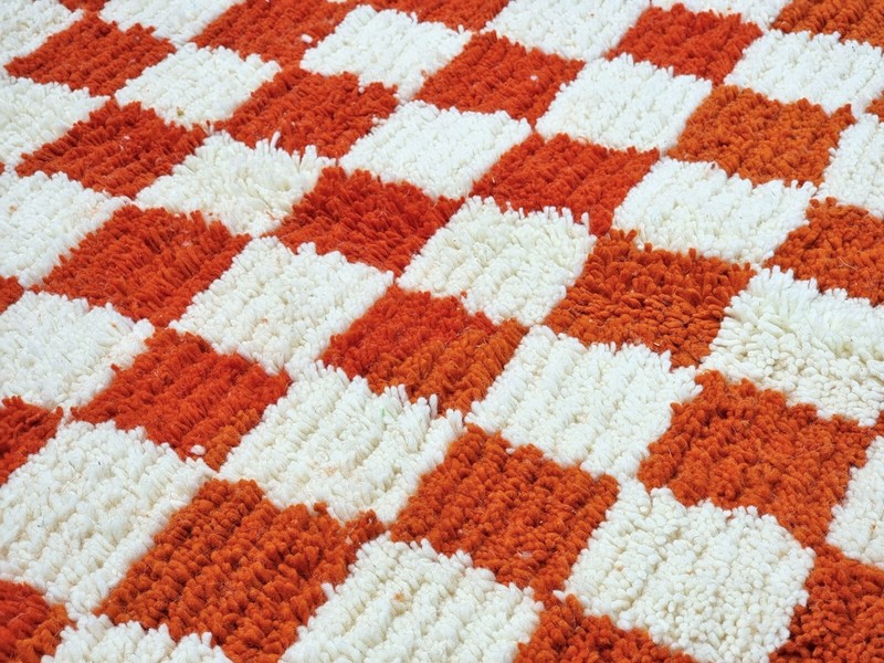 Moroccan Handmade BeniOurain Rug5'3x8'7 Berber Checkered Orange & White Wool Rug gallery
