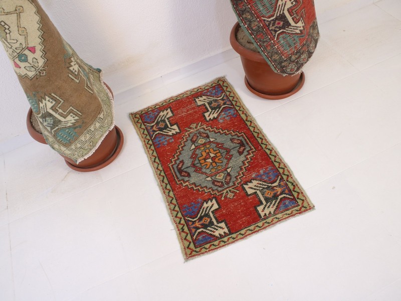 Vintage Turkish Door Mat 2x3 ft | Handmade Wool Red Blue Rug | 52x86 cm gallery
