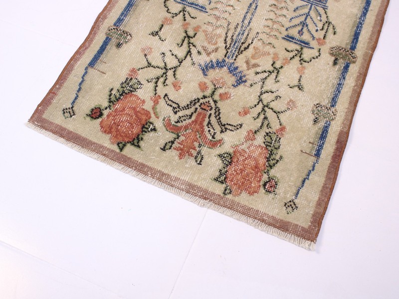 2.0x4.4 ft Turkish Handmade Door Mat Rug | Beige Blue Vintage Small Carpet gallery