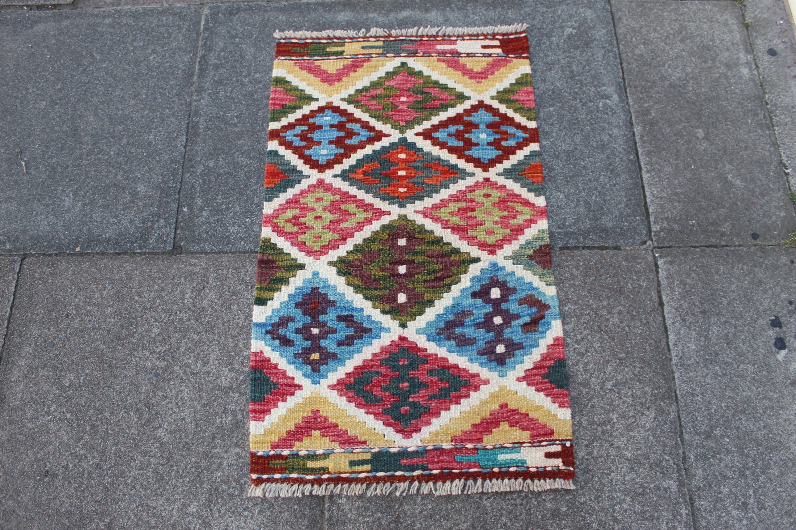Kilim Vintage Traditional Hand Made Oriental Red Green Wool Small Kilim 90x55cm gallery