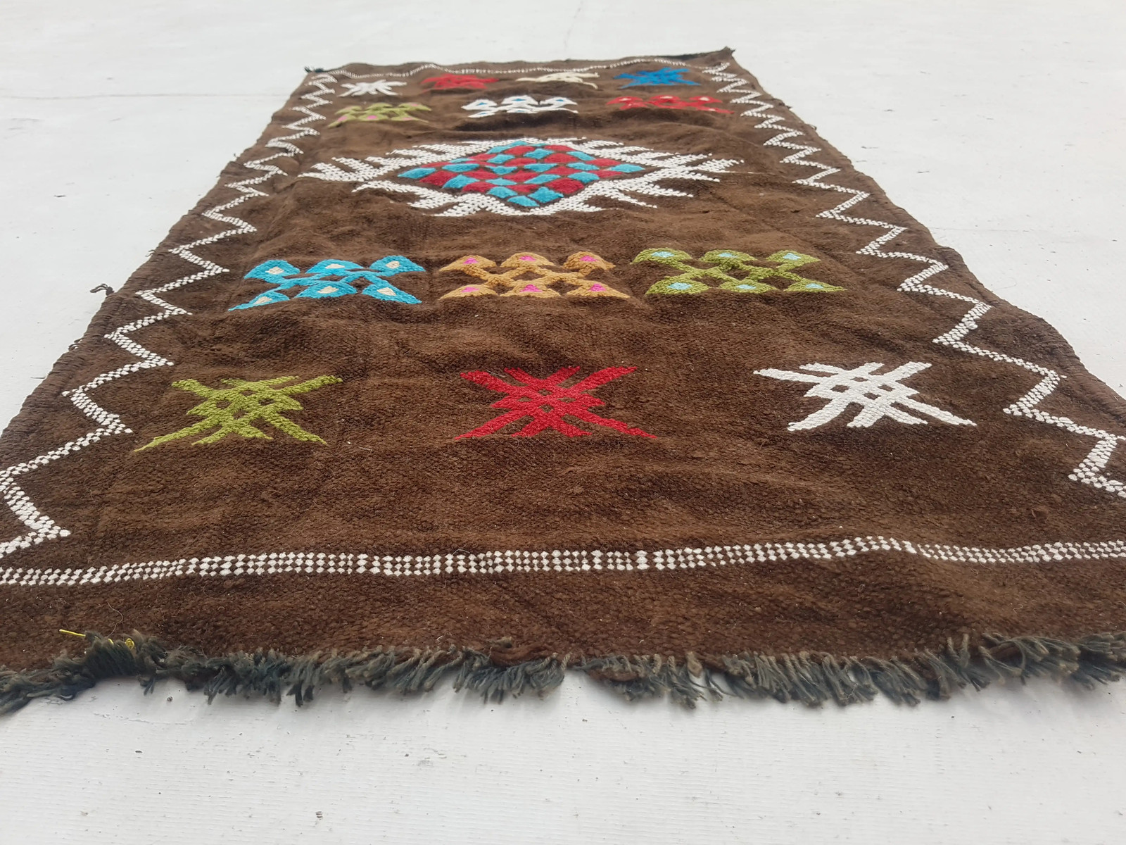 Fine Vintage Traditional Hand Made Moroccan Wool Brown Kilim 103x52cm gallery