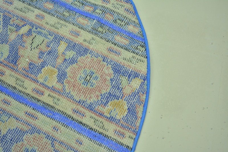 Blue Faded Turkish Vintage Round Rug, 3.2ft, Handmade Antique Floral Round Rug gallery