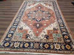 Turkish Heriz Serapi Rug 6×9, Geometric Medallion, Terracotta and Navy Blue