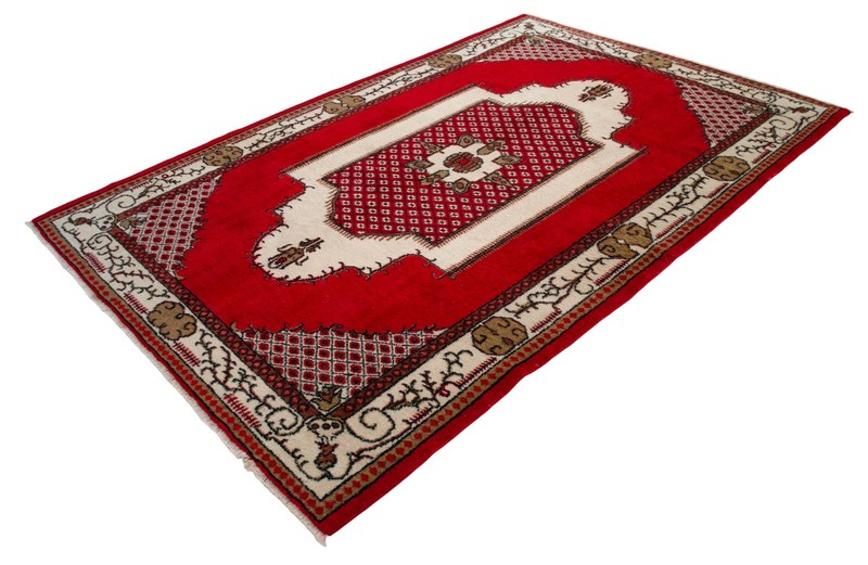 1970s Turkish Rug – Handwoven Red & Ivory Anatolian Carpet 6’1” x 9’2” gallery