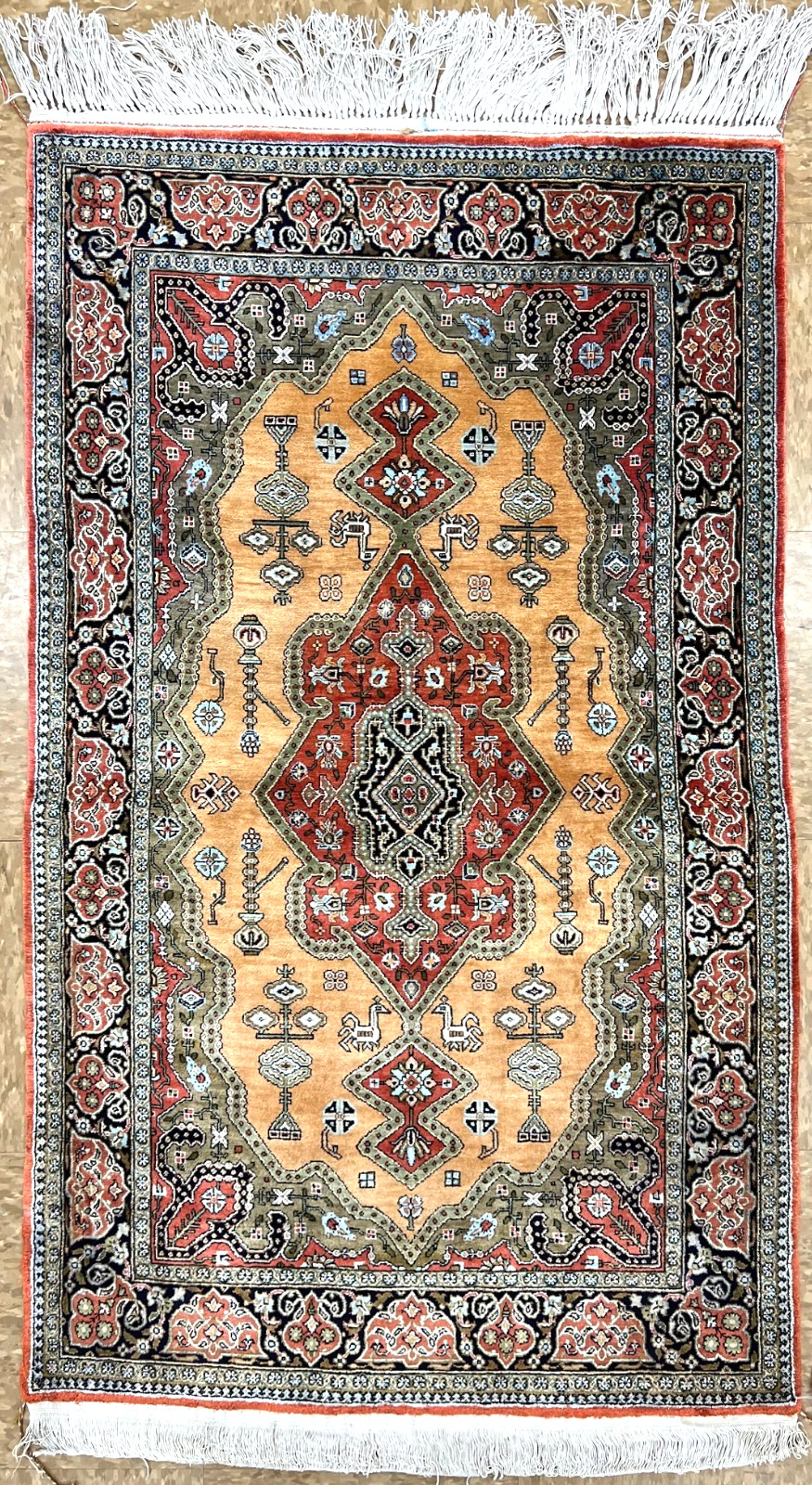 Antique Silk Oriental Area Rug Hand-Knotted Vintage 3x4 Ft Gold Mint Unused Rare gallery