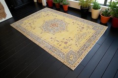 1970s Vintage Rug, Handmade Rug, Turkish Rug, Oushak Rug, YELLOW Rug 5’1″ x 7’9″