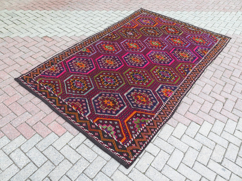 Multicolor Area Rug Boho Rug Vintage Turkish Kilim Embroidery Kelim Rug 72"x118" gallery