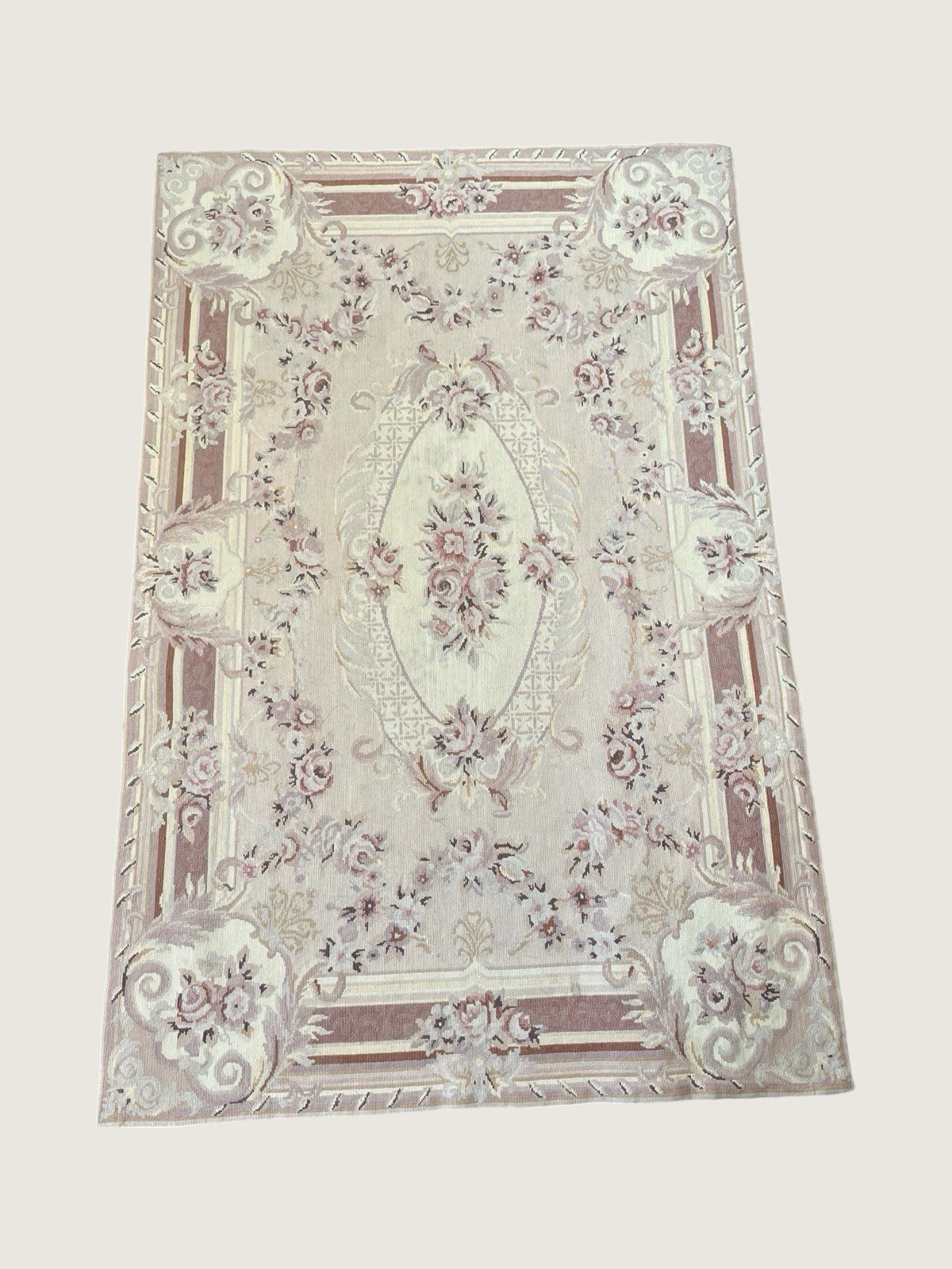 Vintage wool Needlepoint floral area rug dusty rose and ivory 3.5 x 5.5 ft gallery