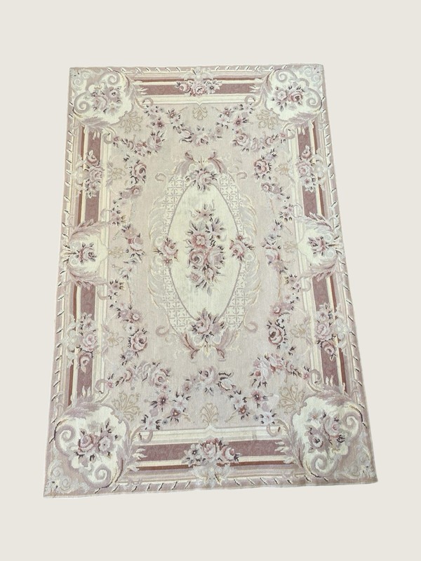 Vintage wool Needlepoint floral area rug dusty rose and ivory 3.5 x 5.5 ft gallery