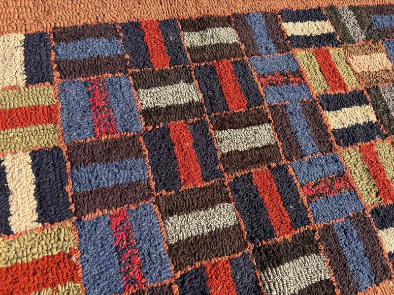 Vintage Bars in Squares Geometric American Hooked Rug 46'' X 25'' Antique 1940's gallery