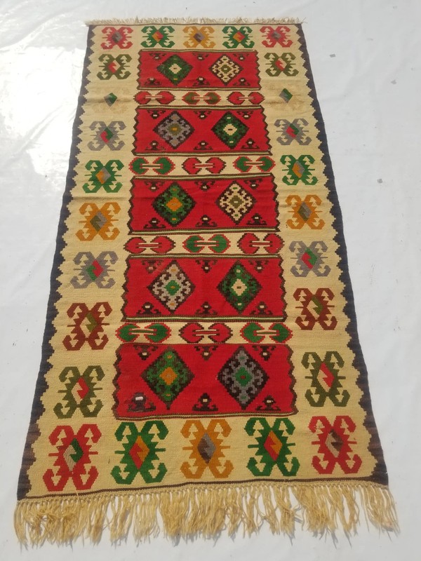 Vintage Traditional Handmade Turkish Wool Red Kilim 6x3.3ft gallery
