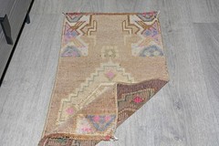 Vintage Turkish Faded Rug 17×34 In, Small Tribal Oushak Rug, Vivid Colors Brown